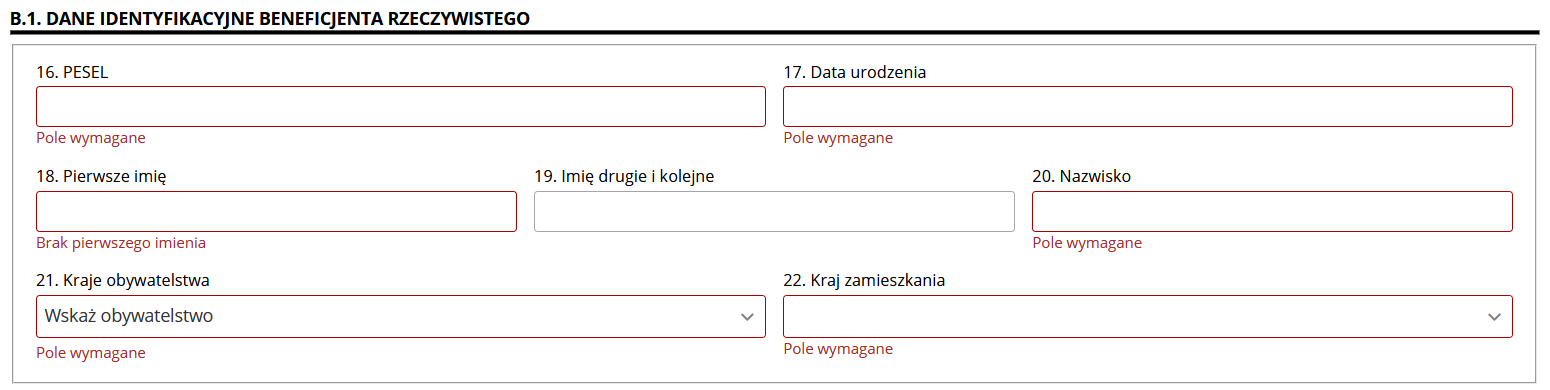 Formularz B.1 — dane identyfikacyjne beneficjenta rzeczywistego