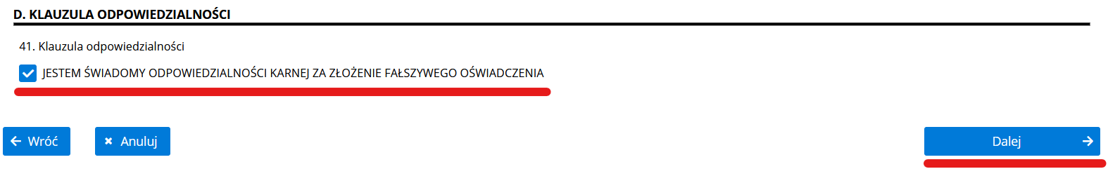 Sekcja D — klauzula odpowiedzialności i przejście dalej