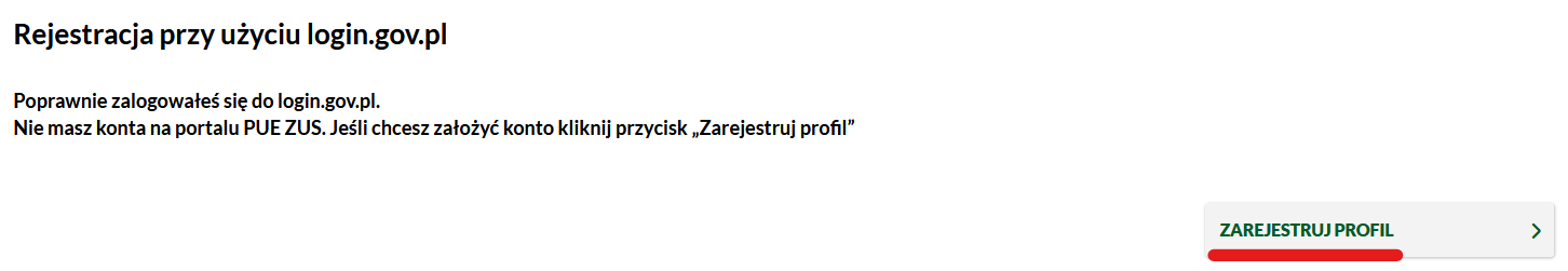 Komunikat po zalogowaniu — kliknij „Zarejestruj profil"