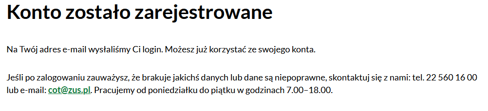 Potwierdzenie rejestracji konta eZUS