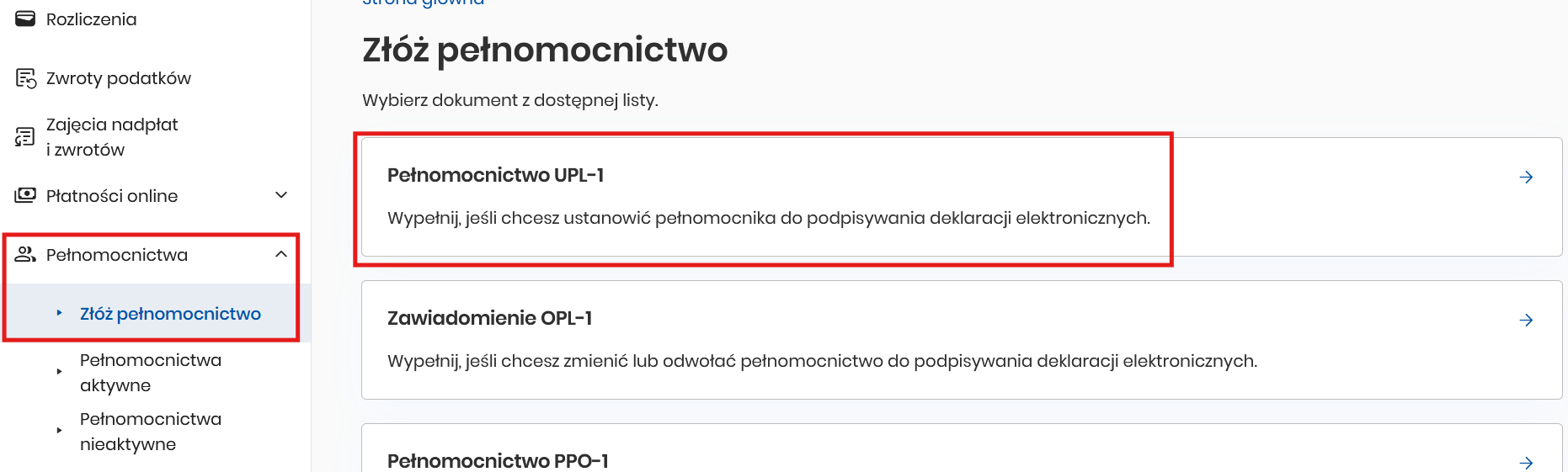 Wybór formularza UPL-1 w menu Pełnomocnictwa → Złóż pełnomocnictwo
