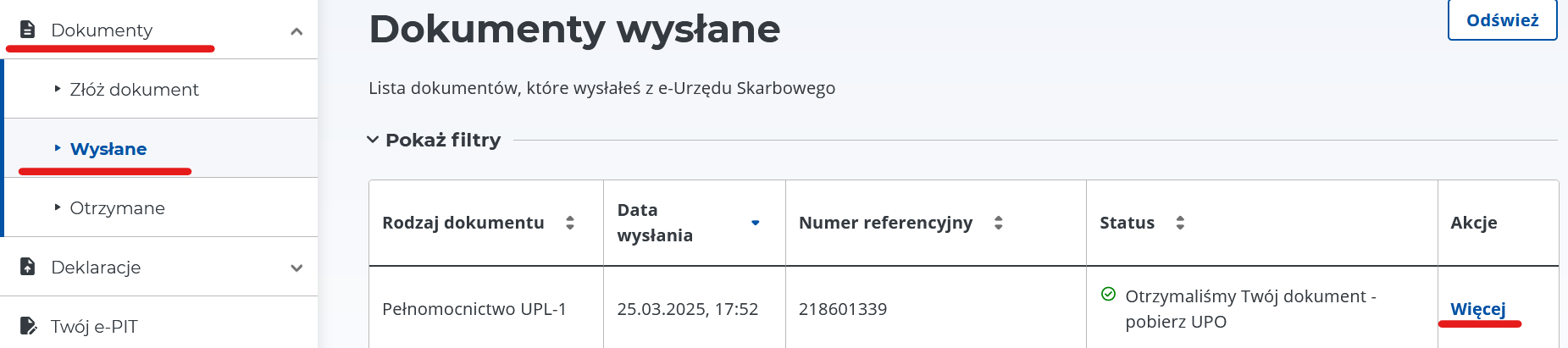 Zakładka Wysłane — złożone pełnomocnictwo UPL-1 z numerem referencyjnym