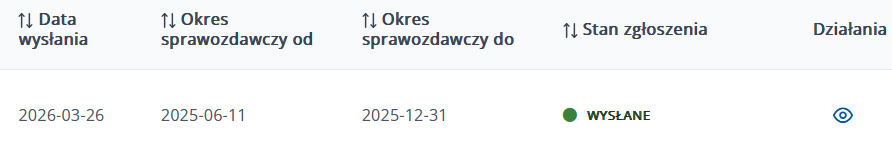 Lista wysłanych zgłoszeń ze statusem WYSŁANE