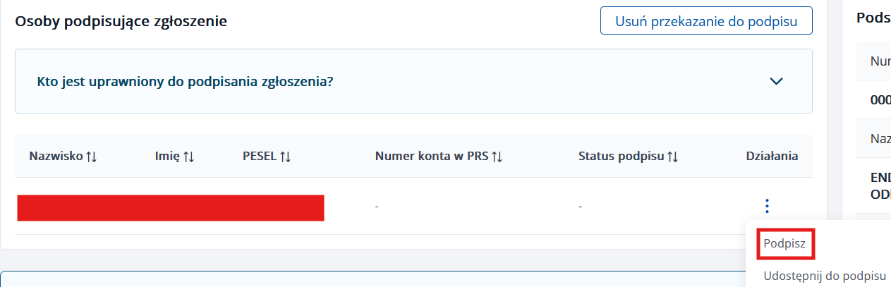 Krok 4/4 — lista osób podpisujących, kliknij trzy kropki → Podpisz