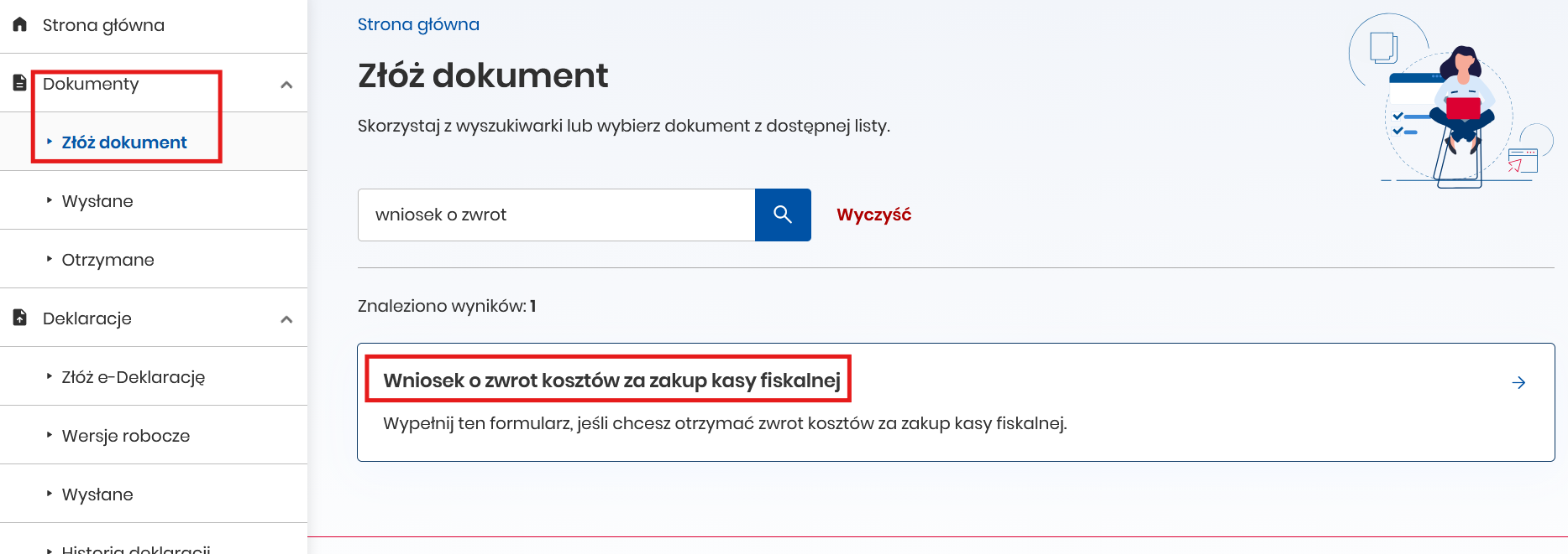 Wyszukiwarka dokumentów — wpisz „wniosek o zwrot kosztów za zakup kasy fiskalnej"