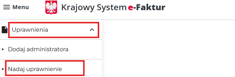 Menu KSeF — Uprawnienia → Nadaj uprawnienie