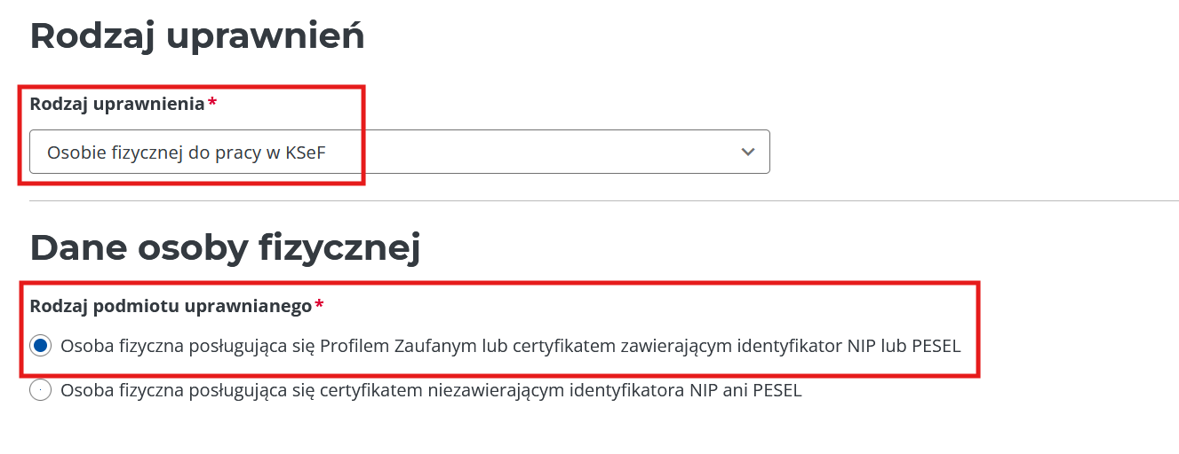 Wybór rodzaju uprawnienia i typu osoby uprawnionej