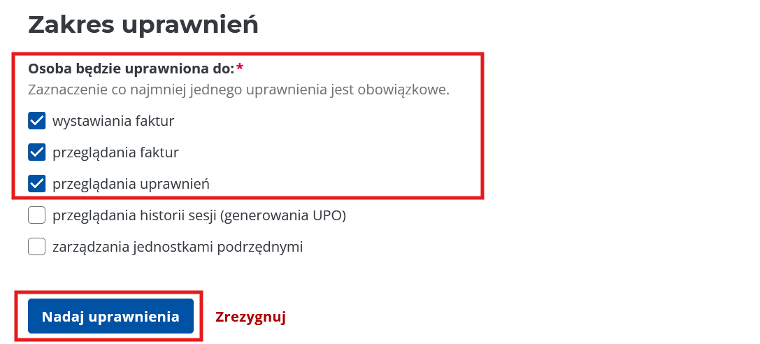 Zakres uprawnień do zaznaczenia — kliknij „Nadaj uprawnienia"