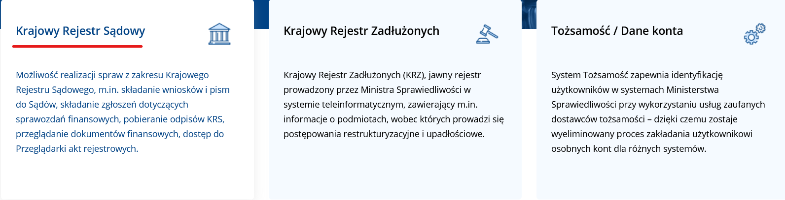 Panel portalu e-KRS — wybierz „Krajowy Rejestr Sądowy"