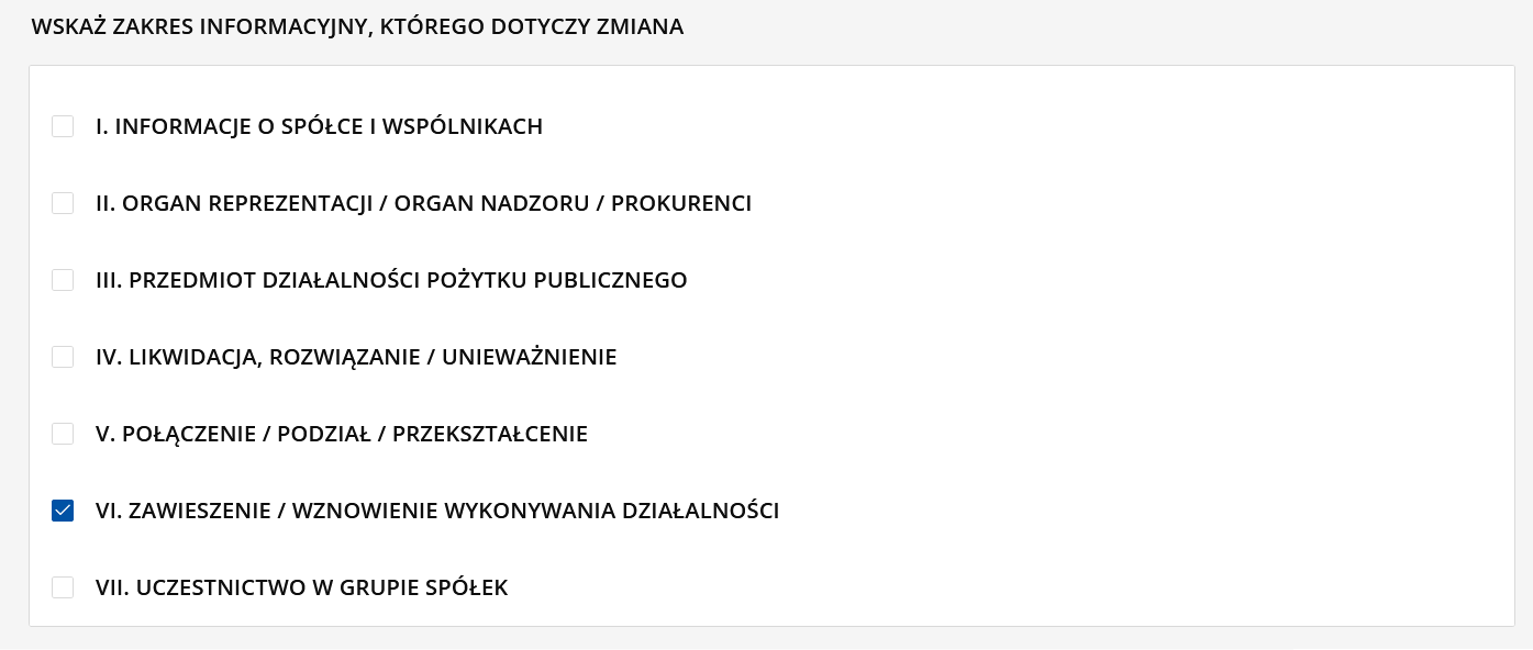 Wybór zakresu zmiany — zaznacz „Zawieszenie / wznowienie wykonywania działalności"
