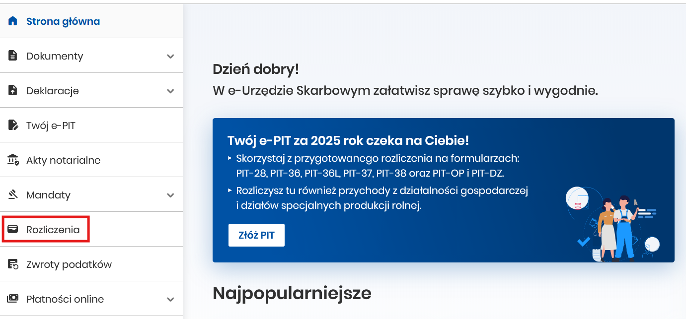 e-Urząd Skarbowy — wybierz „Rozliczenia" w menu