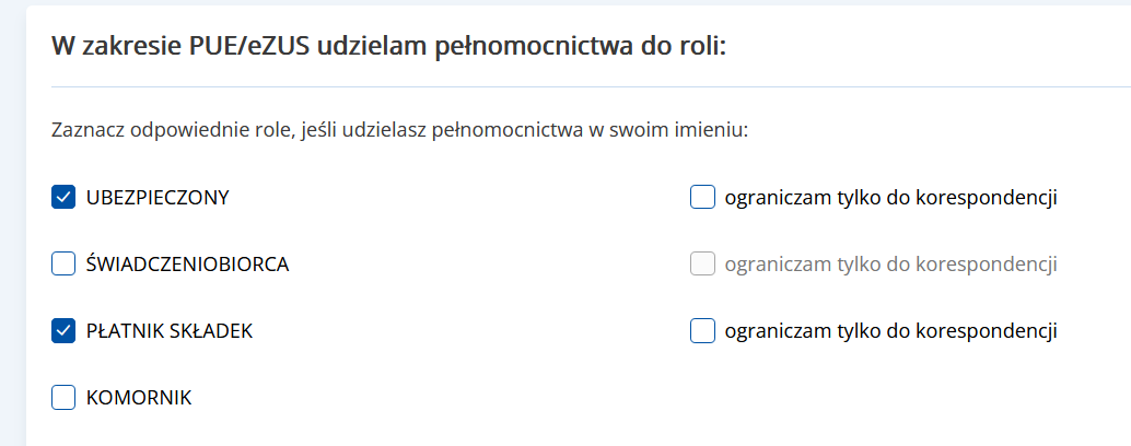 Formularz PEL — wybór ról w PUE/eZUS