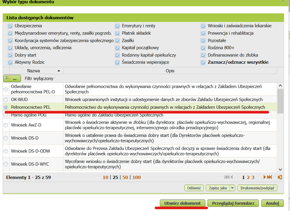 Lista dokumentów — wybierz „Pełnomocnictwo PEL"